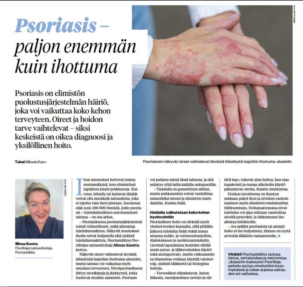 Psoriasis, paljon enemmän kuin ihottuma, Helsingin sanomat, Autoimmuunisairaudet 10/2025-liite, marraskuu 2025